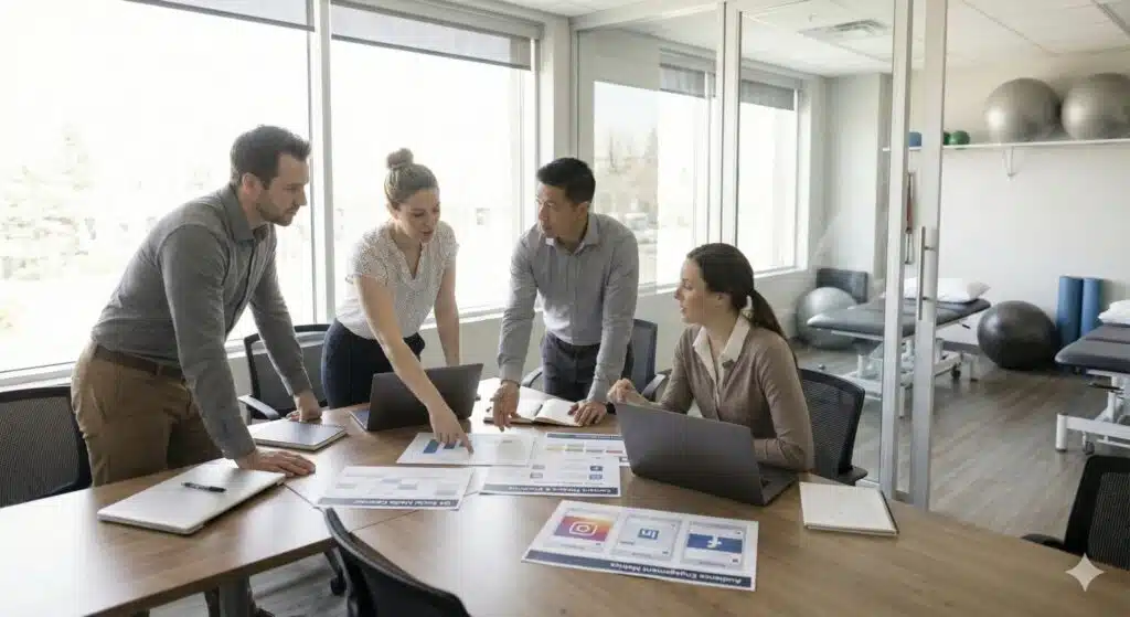 Four professionals collaborate on social media plans at a modern office conference table, with a physical therapy clinic visible in the background.
