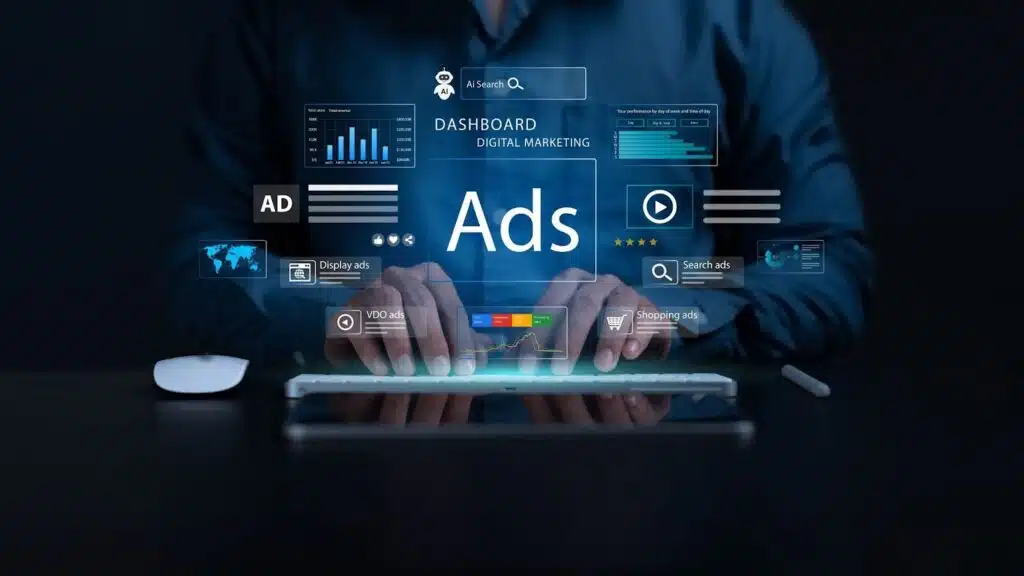 A futuristic digital marketing dashboard overlaid in the air, featuring various charts, graphs, and icons for display and search.