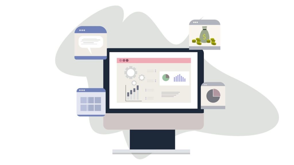 A flat-style illustration of a computer monitor displaying various data charts and gears.