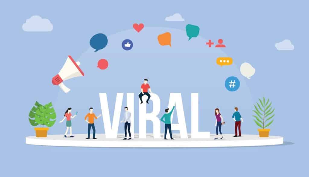 An illustration featuring several small figures standing around and sitting on the large white word "VIRAL.”