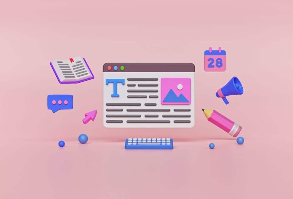 An illustration on a pink background featuring a web browser window surrounded by floating icons.