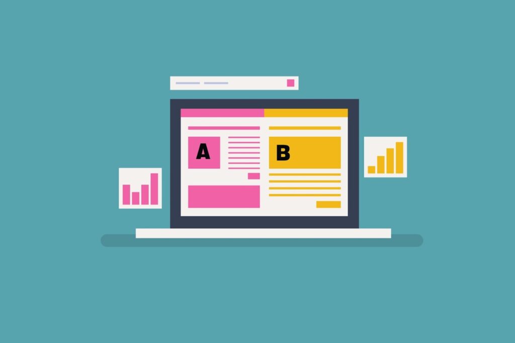 A flat-style illustration of a laptop screen showing an A/B split test between two webpage layouts, with floating bar charts on either side against a teal background.