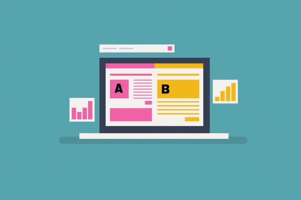 A flat-style illustration of a laptop screen showing an A/B split test between two webpage layouts, with floating bar charts on either side against a teal background.