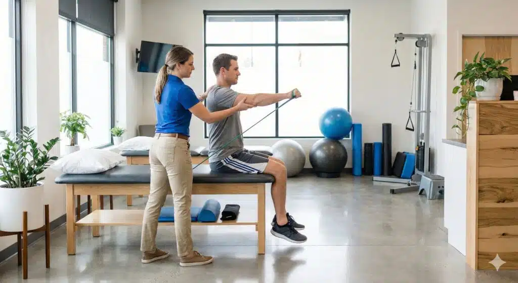A physical therapist assists a patient using a cable machine for rehabilitation exercises in a bright clinic.
