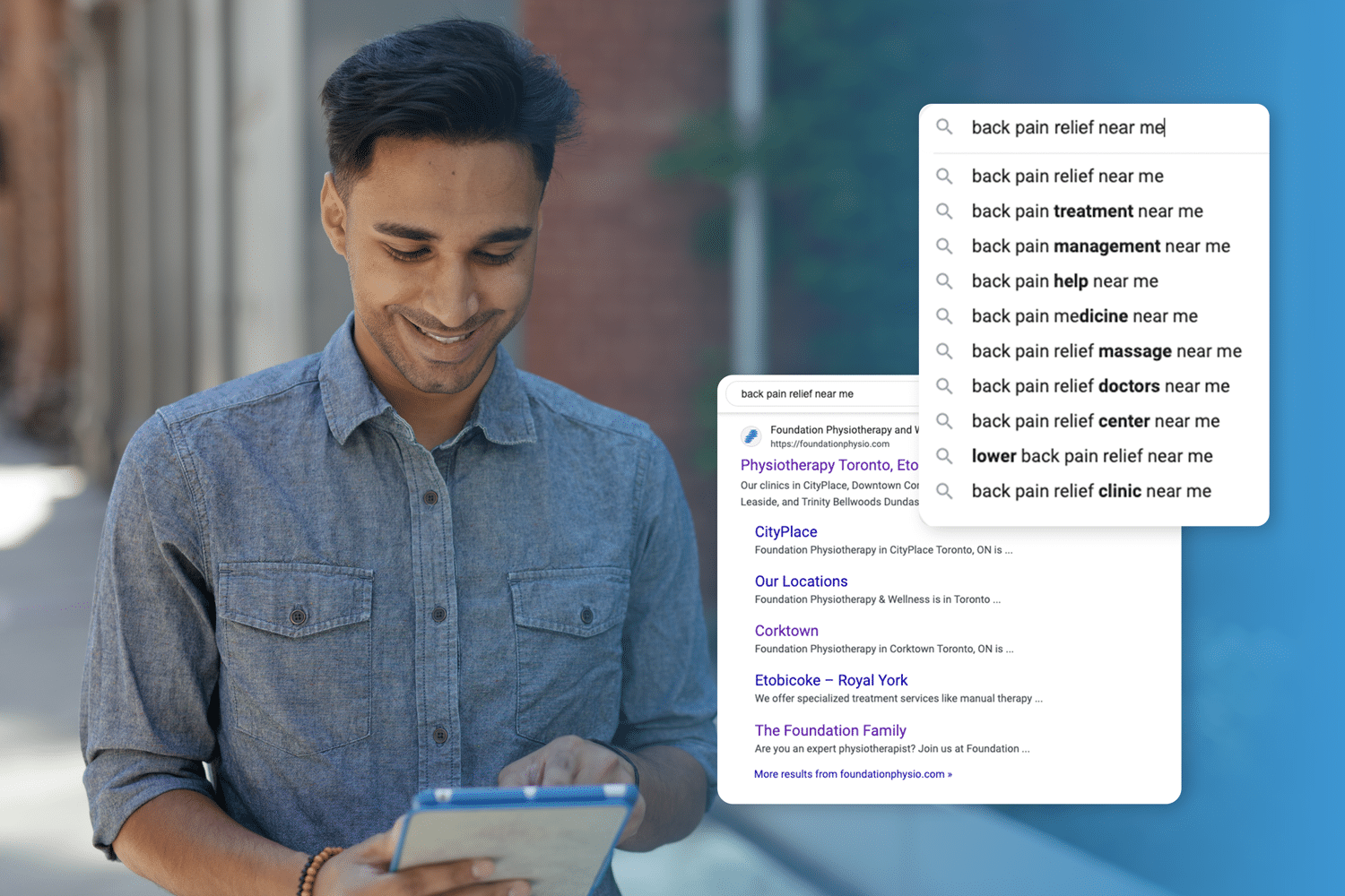 man searching for pt on ipad while walking