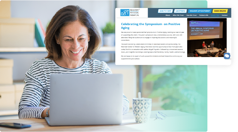 Pop out of website from laptop screen showing Recovery Physical Therapy's "Celebrating the Symposium on Positive Aging" for Physical Therapy Advertising