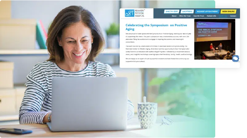 Pop out of website from laptop screen showing Recovery Physical Therapy's "Celebrating the Symposium on Positive Aging" for Physical Therapy Advertising