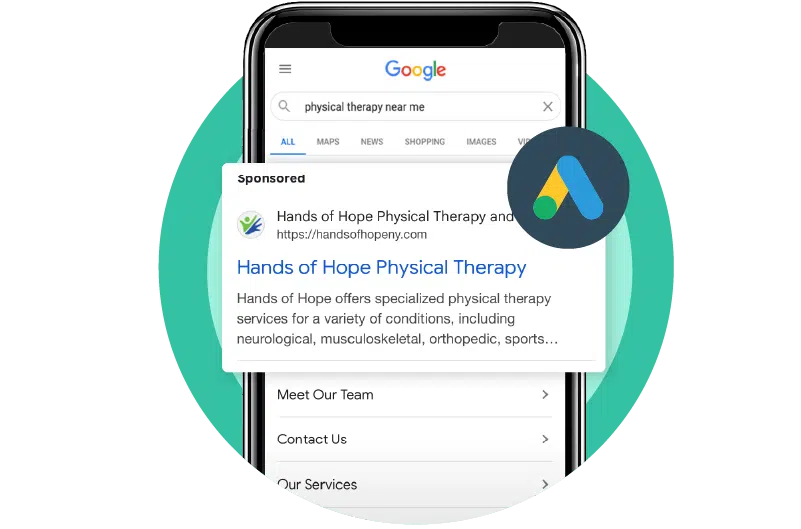 iPhone Screen Showing Google Ad for Physical Therapy Advertising