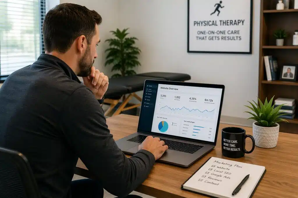 Physical therapy clinic owner reviewing website analytics and marketing plan on a laptop in a modern office