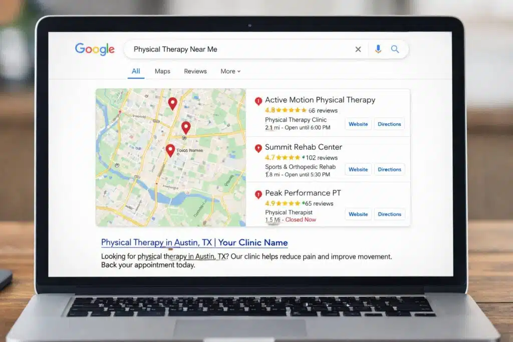 Google search results showing physical therapy clinics in local map pack on laptop screen for SEO