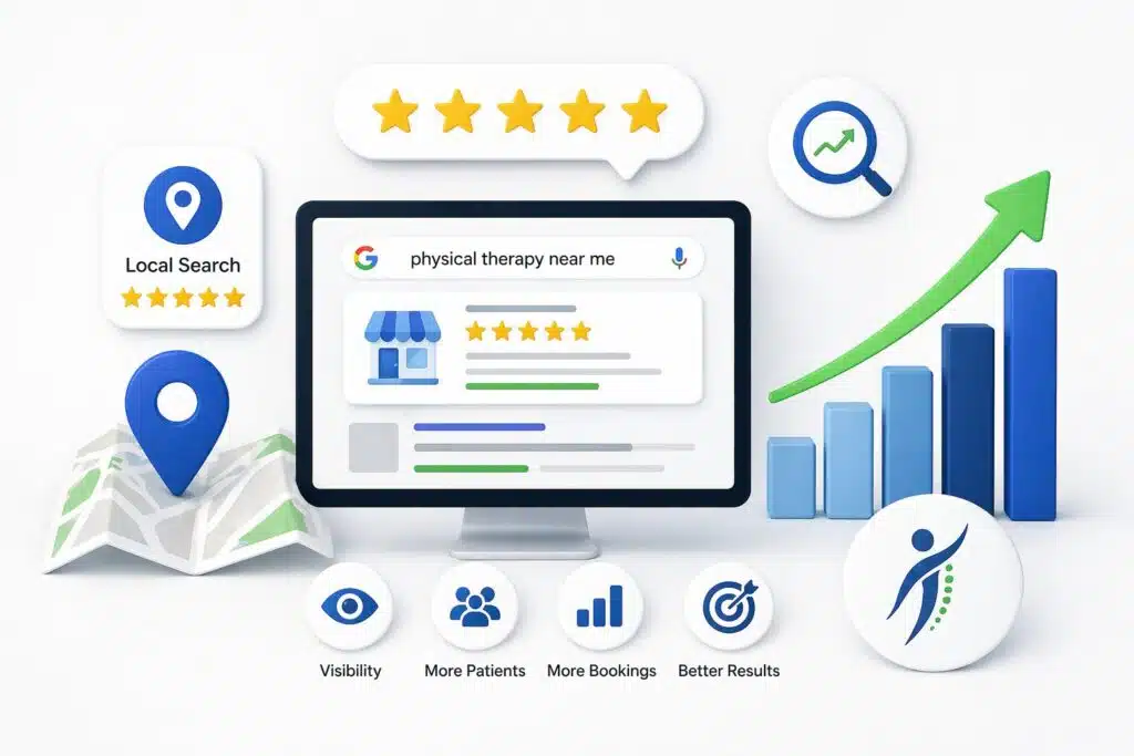 SEO and digital marketing results showing local search visibility, five-star reviews, and growth for a physical therapy practice