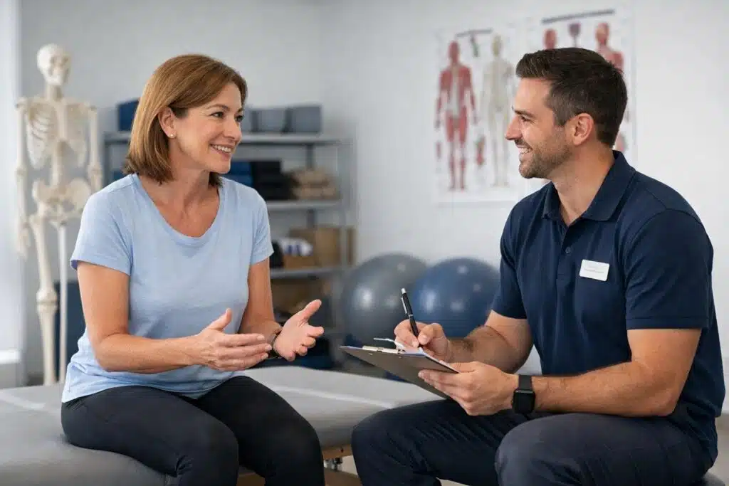 Patient speaking directly with a physical therapist during an initial visit in a modern clinic without a referral