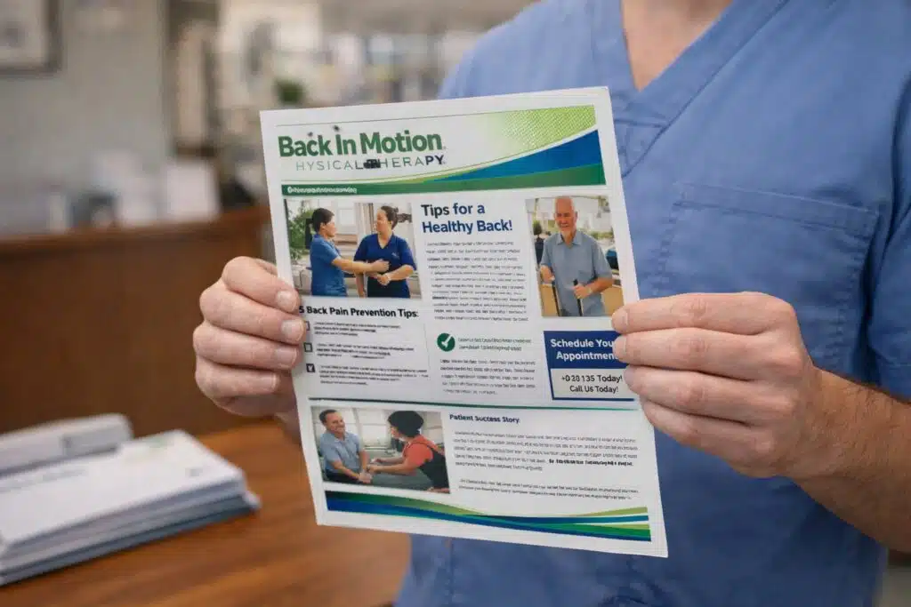 Physical therapist holding a printed physical therapy newsletter showing patient tips and clinic branding