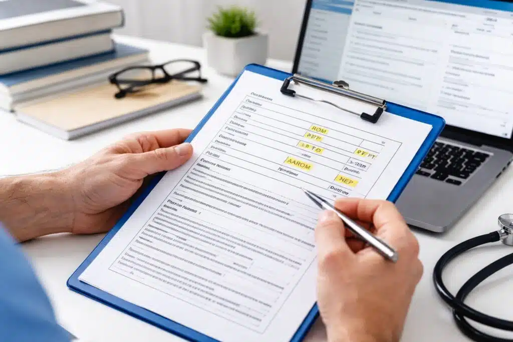 Physical therapist reviewing patient chart with PT abbreviations alongside laptop showing clinical notes