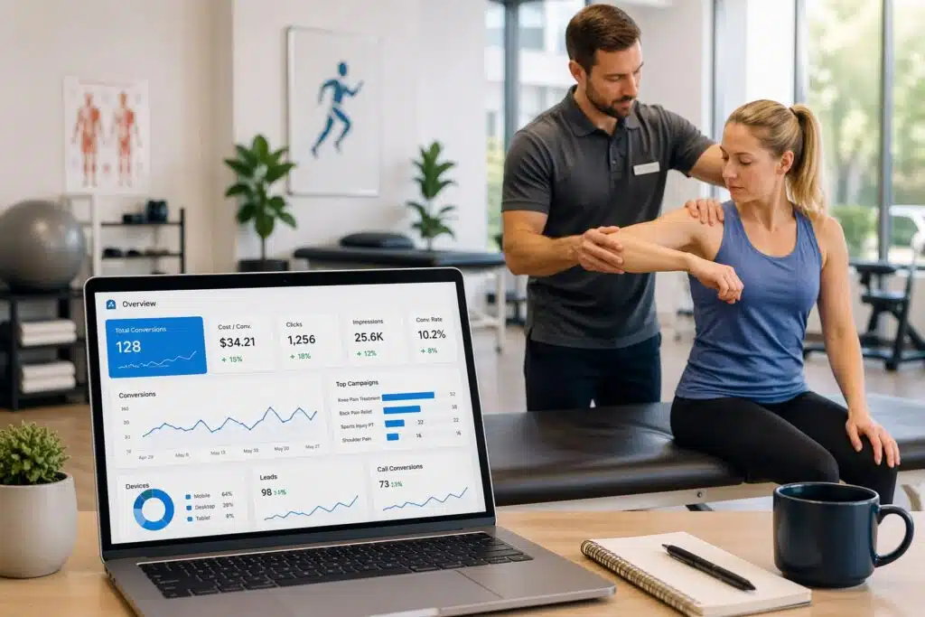 Physical therapy clinic showing therapist treating a patient with a laptop displaying digital advertising and patient booking analytics in the foreground