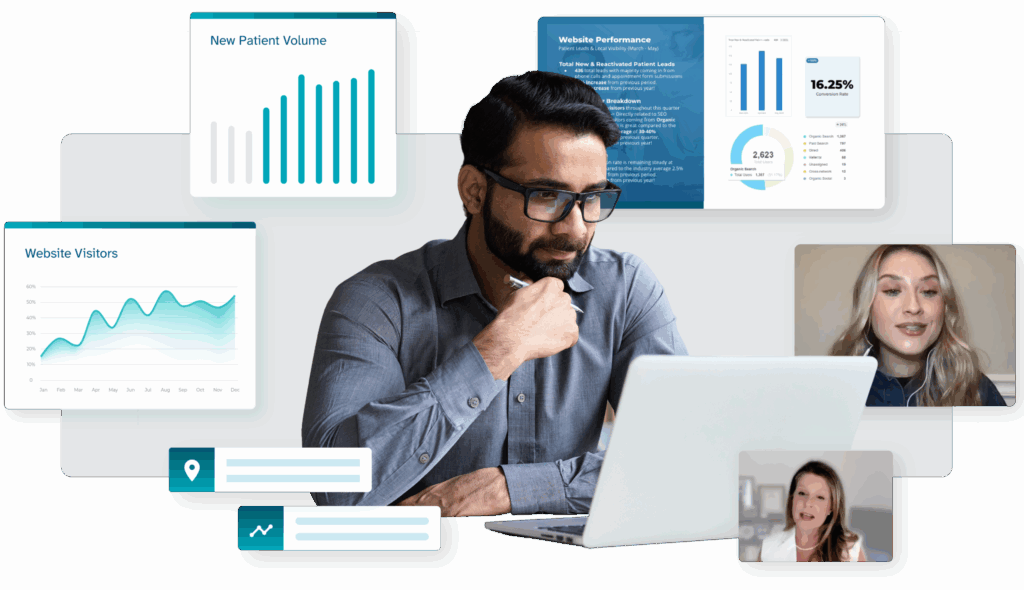 PT owner looks at a screen with a preview of statistics and marketing consultants speaking with him around the screen