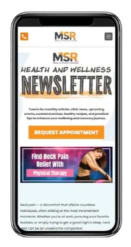 PT Patient Newsletter displayed on mobile device for MMM Sports Rehab